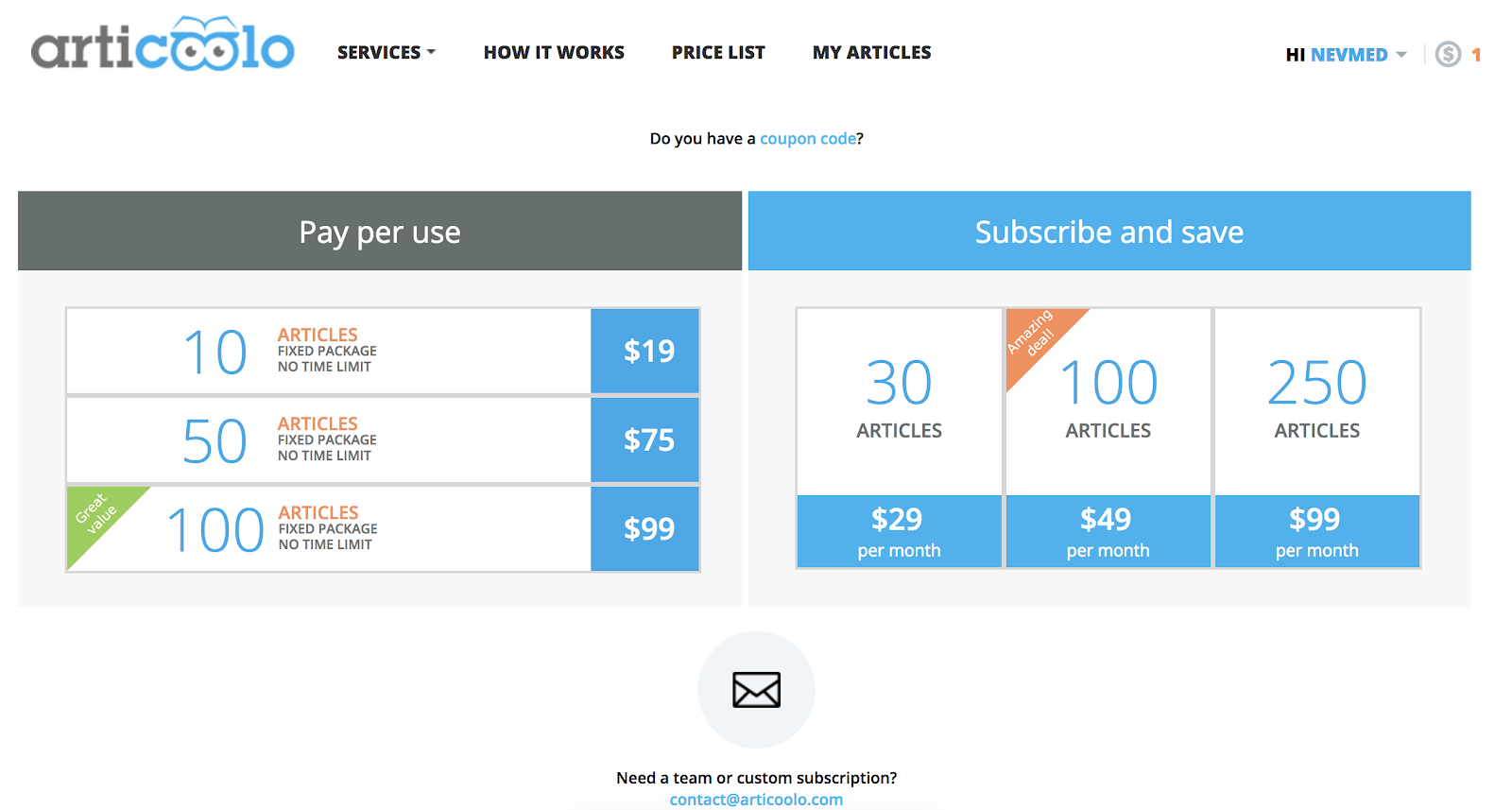 articoolo pricing