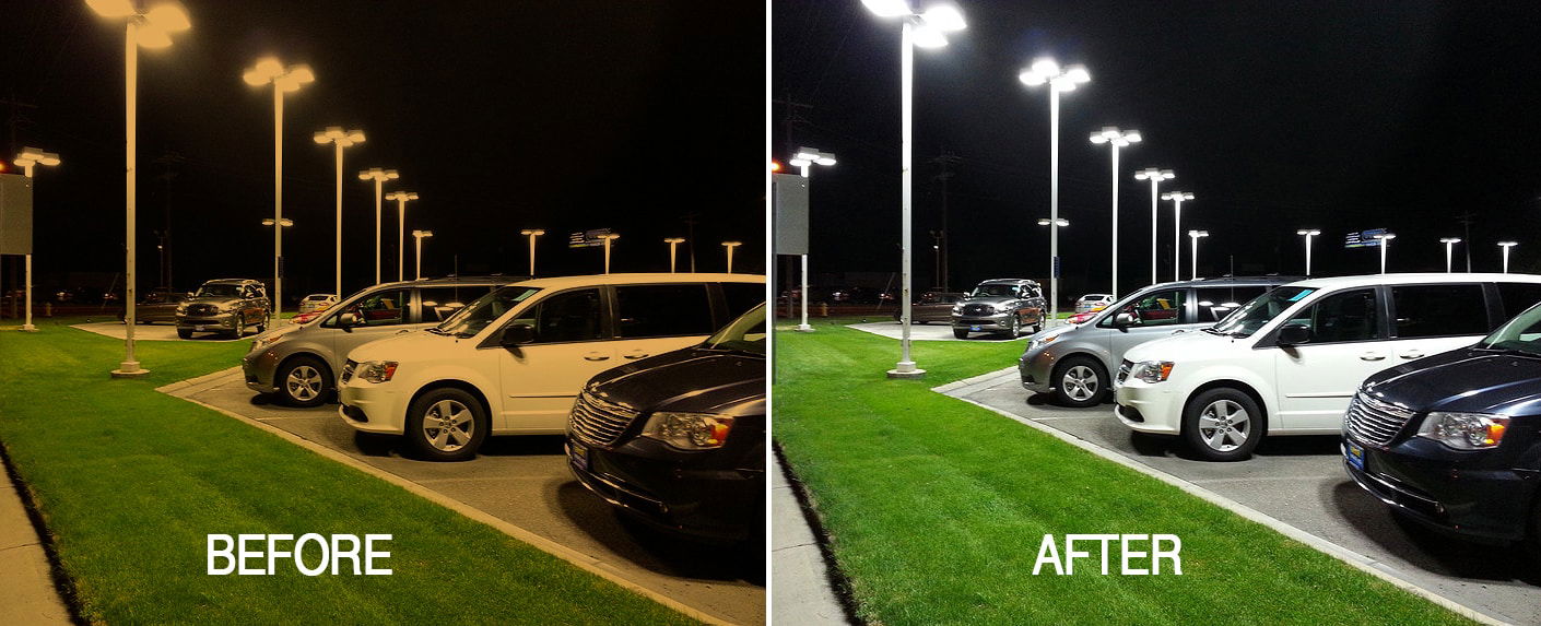 before after led lighting car parking lot