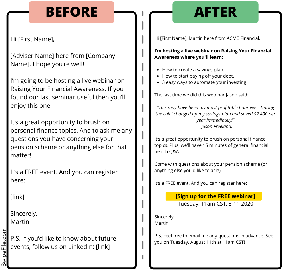 webinar invitation email before and after