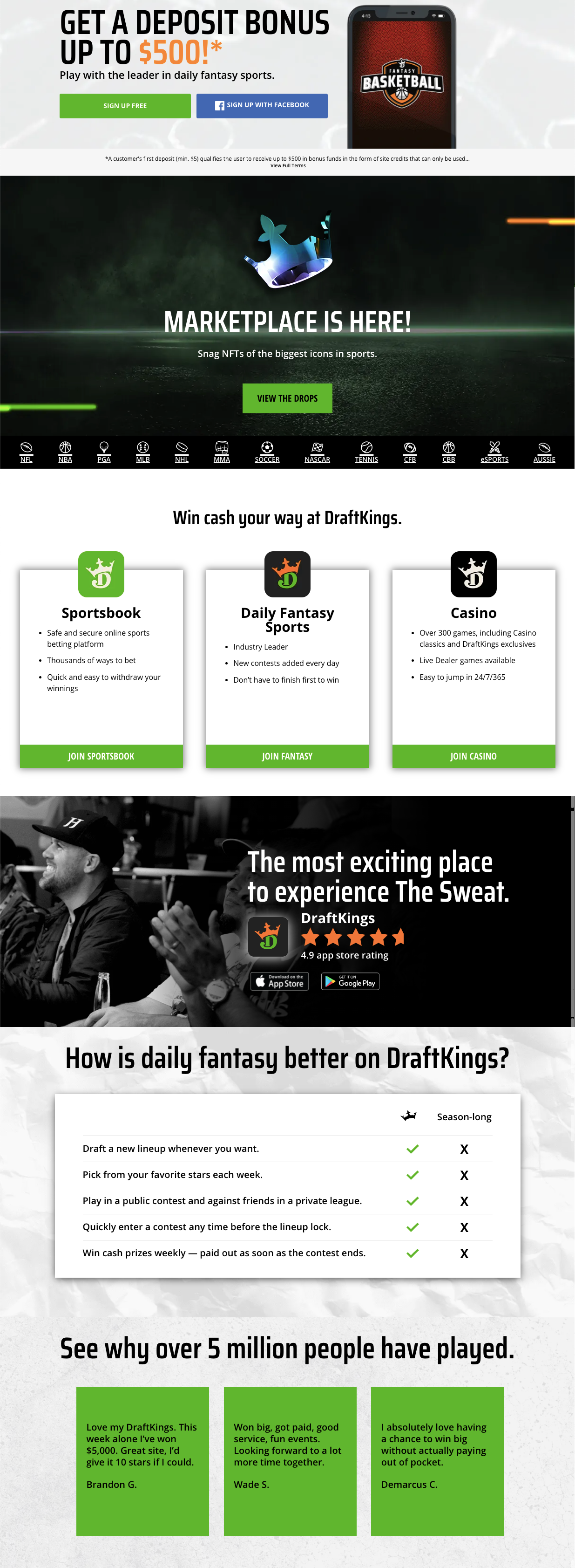 draftkings homepage offer to new subs