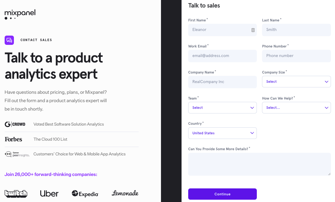 sales call form mixpanel