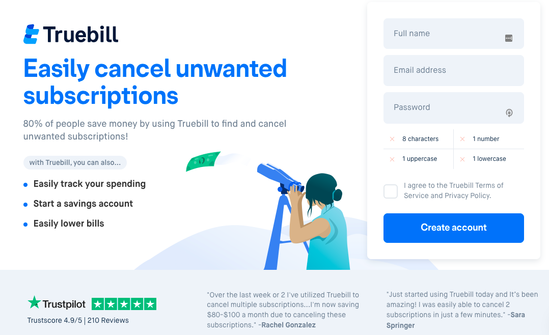 truebill signup form copy