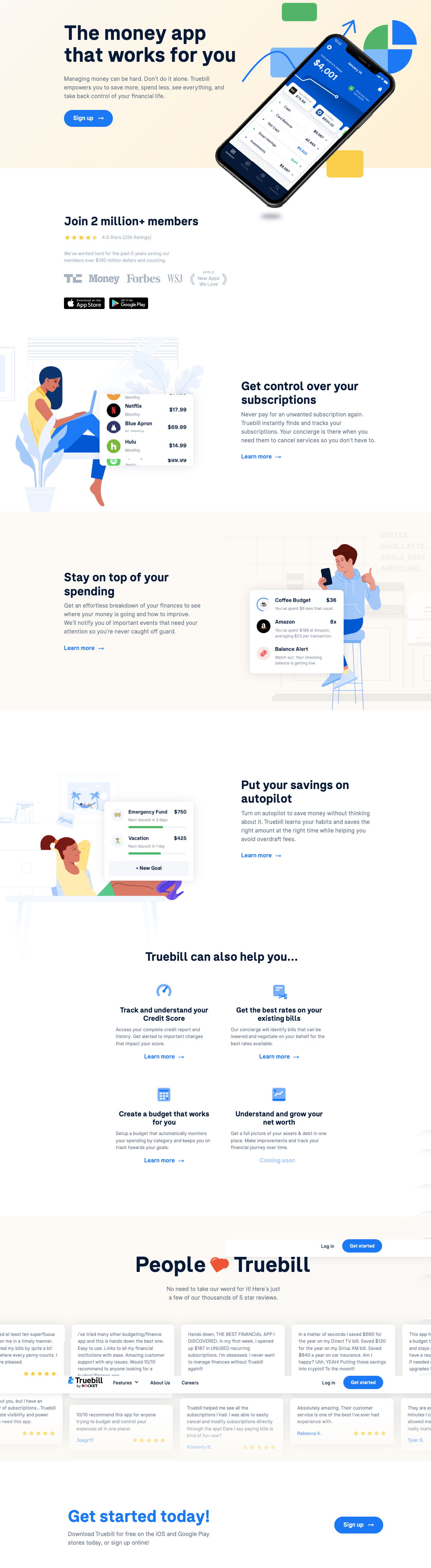 website homepage for truebill