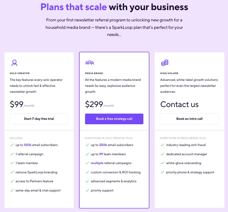 pricing page for saas