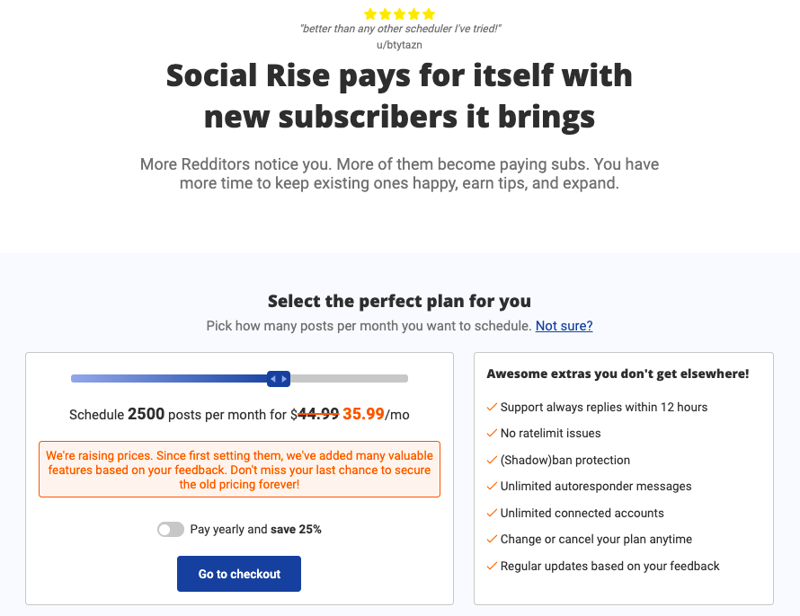 pricing page with a special message