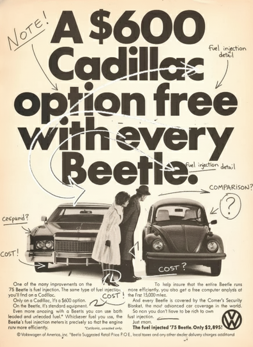 オマケ付　VW The Beetle レコードジャケット風カタログ PV映像など A $600 Cadillac Option… Free with Every Beetle | Swipefile