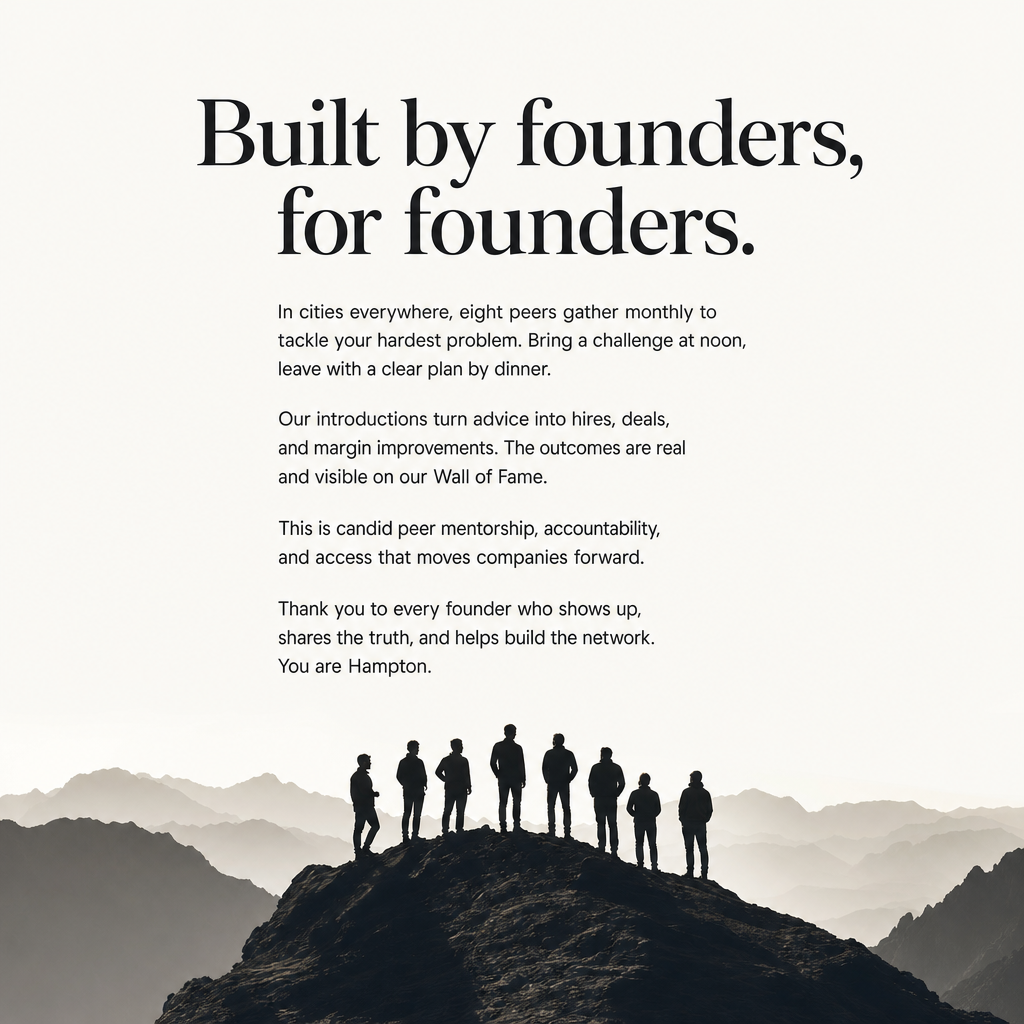A Hampton remix with founder manifesto copy above silhouetted founders on a mountain